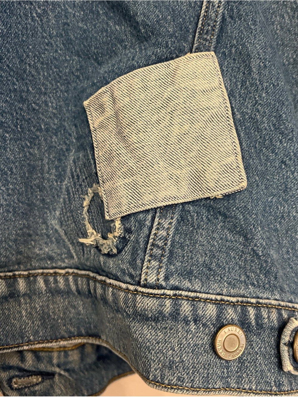 Lauren Ralph Lauren Denim Jean Jacket Women’s XL Logo Patchwork Distressed Blue - Picture 2 of 10